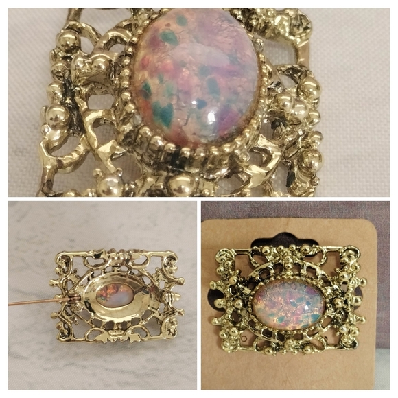 Elegant Vintage Pink Fire Opal Brooch Pin Gold Tone Filigree 1" - Picture 9 of 9